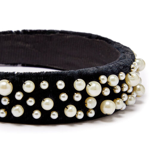 Black velvet pearl bead headband